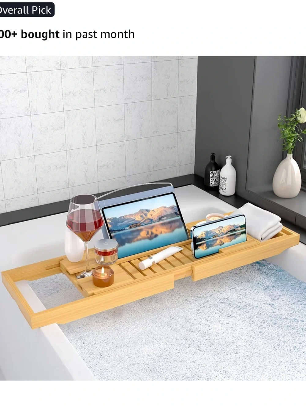 Bamboo Bathtub Tray - Expandable Caddy with Book, Tablet & Wine Glass Holder
